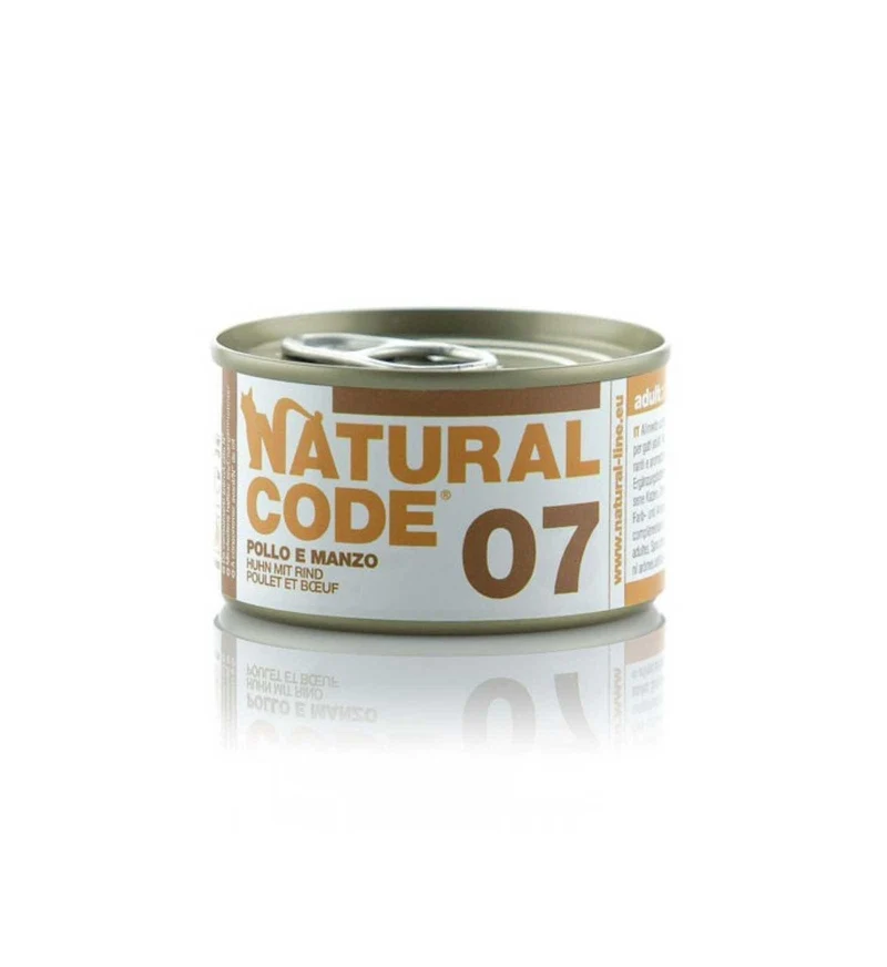 NATURAL CODE GATTO 07 POLLO E MANZO IN ACQUA DI COTTURA DA 85 GR IN LATTINA