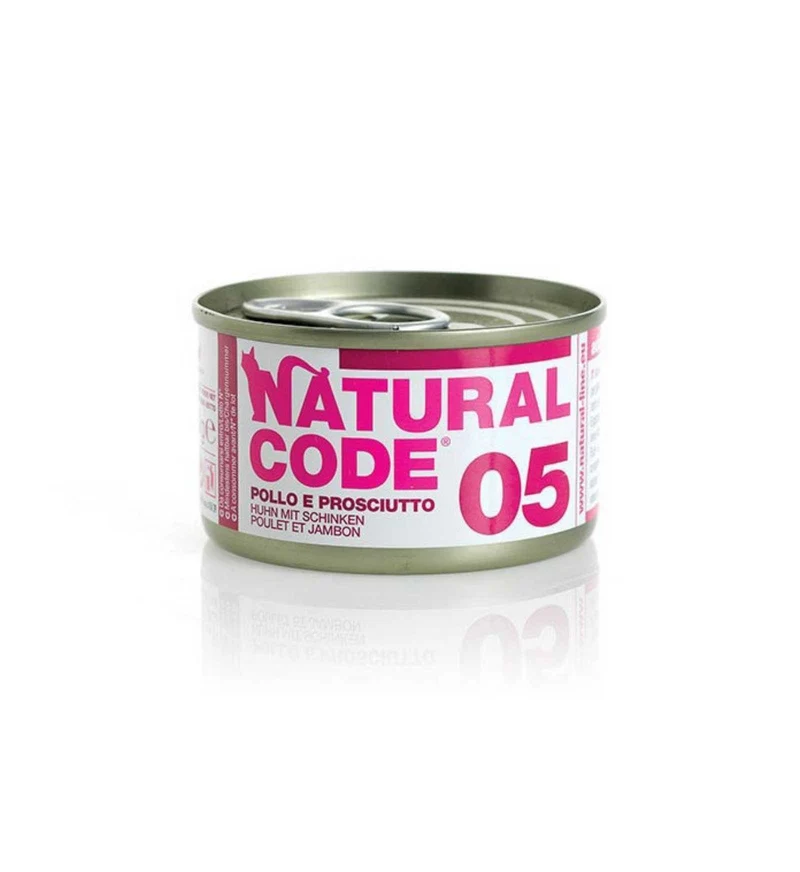 NATURAL CODE GATTO 05 POLLO E PROSCIUTTO IN ACQUA DI COTTURA DA 85 GR IN LATTINA