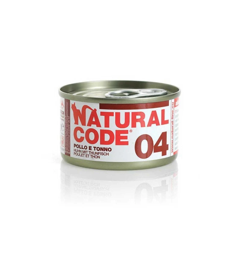 NATURAL CODE GATTO 04 POLLO E TONNO IN ACQUA DI COTTURA DA 85 GR IN LATTINA