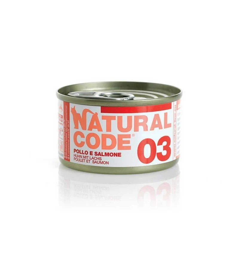 NATURAL CODE GATTO 03 POLLO E SALMONE IN ACQUA DI COTTURA DA 85 GR IN LATTINA
