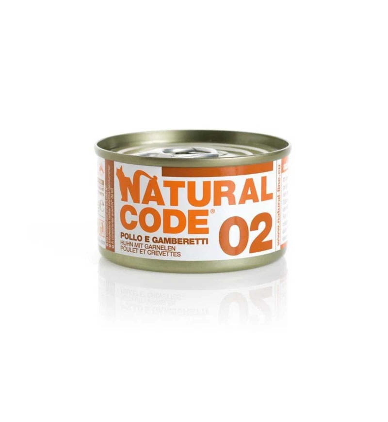 NATURAL CODE GATTO 02 POLLO E GAMBERETTI IN ACQUA DI COTTURA DA 85 GR IN LATTINA
