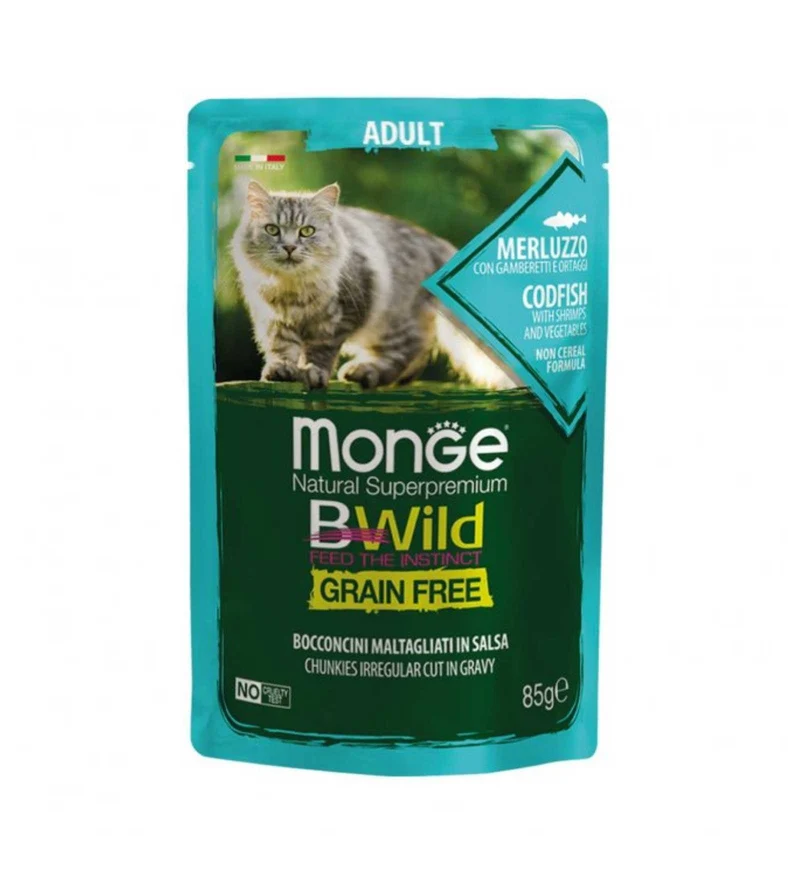 MONGE BWILD GATTO ADULT AL MERLUZZO CON GAMBERETTI E ORTAGGI DA 85 GR IN BUSTA