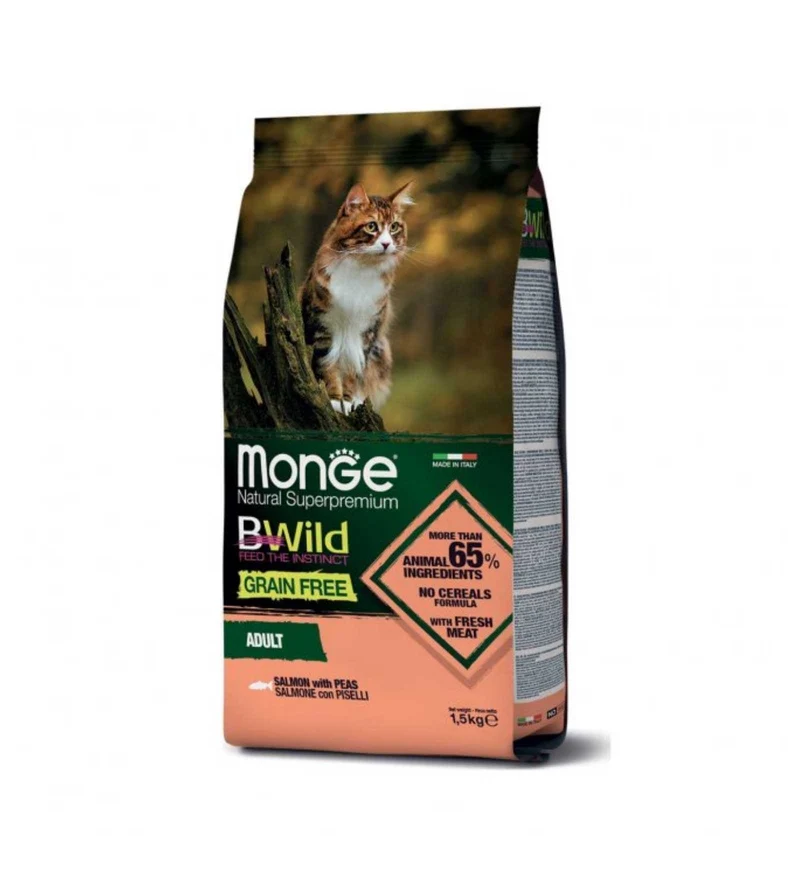 MONGE BWILD GATTO ADULT GRAIN FREE SALMONE CON PISELLI DA 1,5 KG