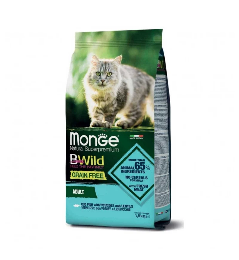 MONGE BWILD GATTO ADULT GRAIN FREE MERLUZZO CON PATATE E LENTICCHIE DA 1,5 KG