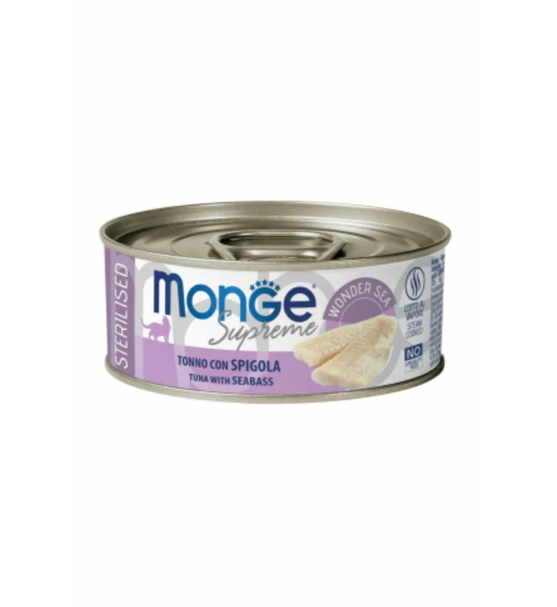 MONGE GATTO SUPREME STERILIZZATO TONNO CON SPIGOLA DA 80 GR IN LATTINA