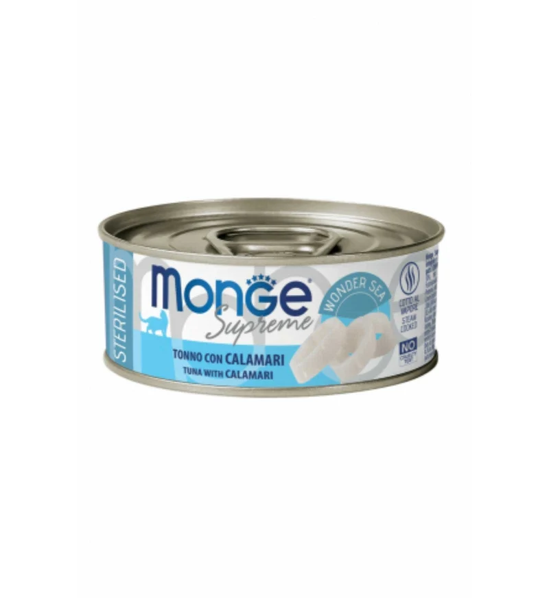 MONGE GATTO SUPREME STERILIZZATO TONNO CON CALAMARI DA 80 GR IN LATTINA