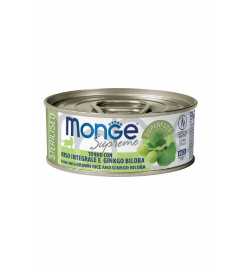 MONGE GATTO SUPREME STERILIZZATO TONNO CON RISO INTEGRALE E GINKGO BILOBA DA 80 GR IN LATTINA