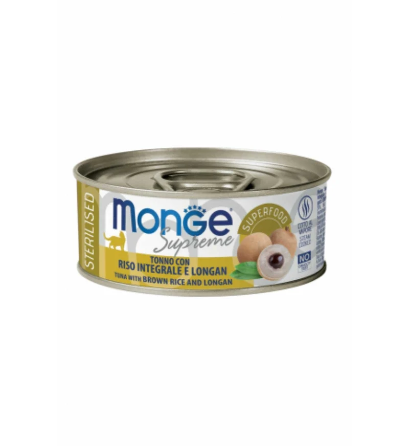 MONGE GATTO SUPREME STERILIZZATO TONNO CON RISO INTEGRALE E LONGAN DA 80 GR IN LATTINA