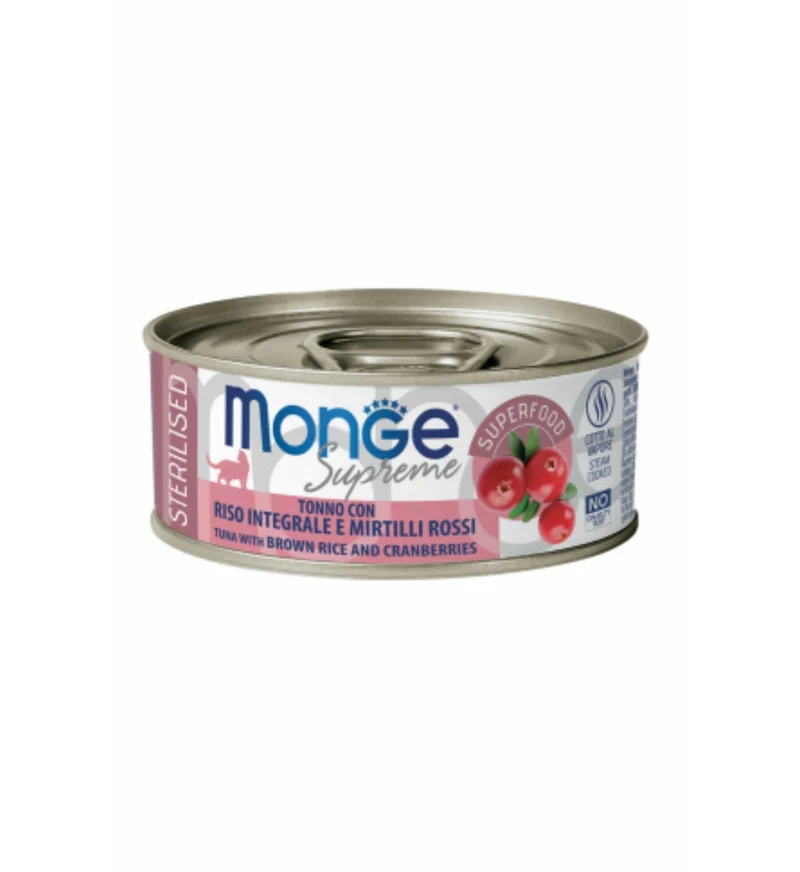 MONGE GATTO SUPREME STERILIZZATO TONNO CON RISO INTEGRALE E MIRTILLI ROSSI DA 80 GR IN LATTINA