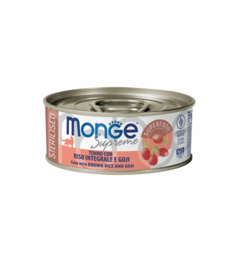 MONGE GATTO SUPREME STERILIZZATO TONNO CON RISO INTEGRALE E GOJI DA 80 GR IN LATTINA