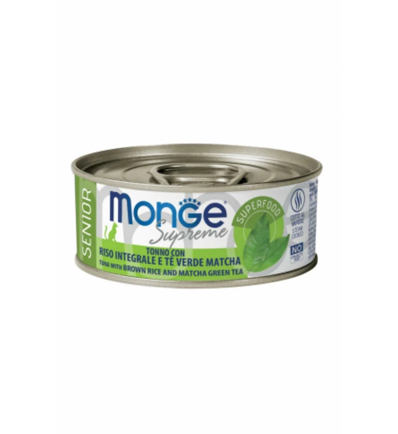 MONGE GATTO SUPREME SENIOR TONNO CON CON RISO INTEGRALE E TÈ VERDE MATCHA DA 80 GR IN LATTINA
