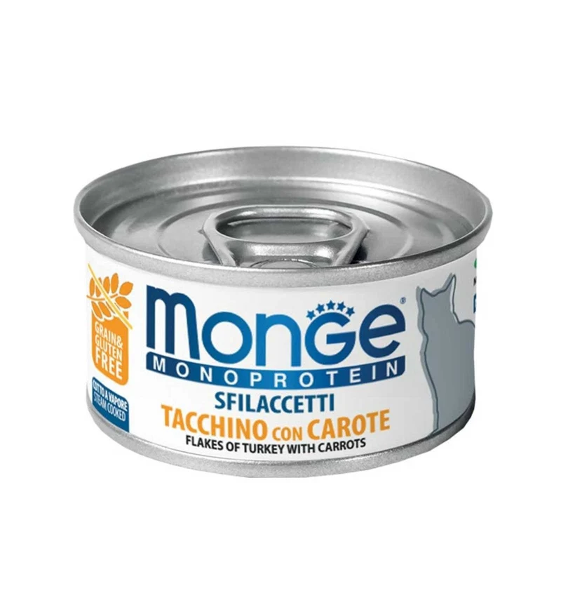 MONGE GATTO MONOPROTEICO SFILACCETTI CON TACCHINO E CAROTE DA 80 GR IN LATTINA