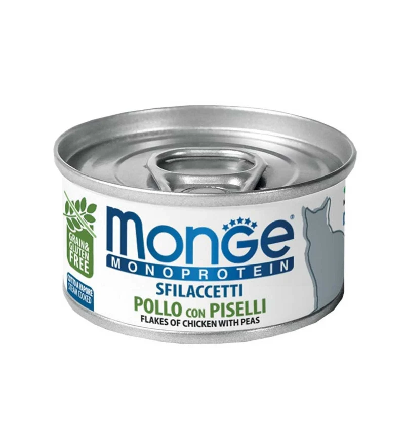 MONGE GATTO MONOPROTEICO SFILACCETTI CON POLLO E PISELLI DA 80 GR IN LATTINA