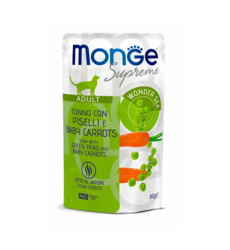 MONGE GATTO SUPREME ADULT TONNO CON PISELLI E BABY CAROTE DA 80 GR IN BUSTA