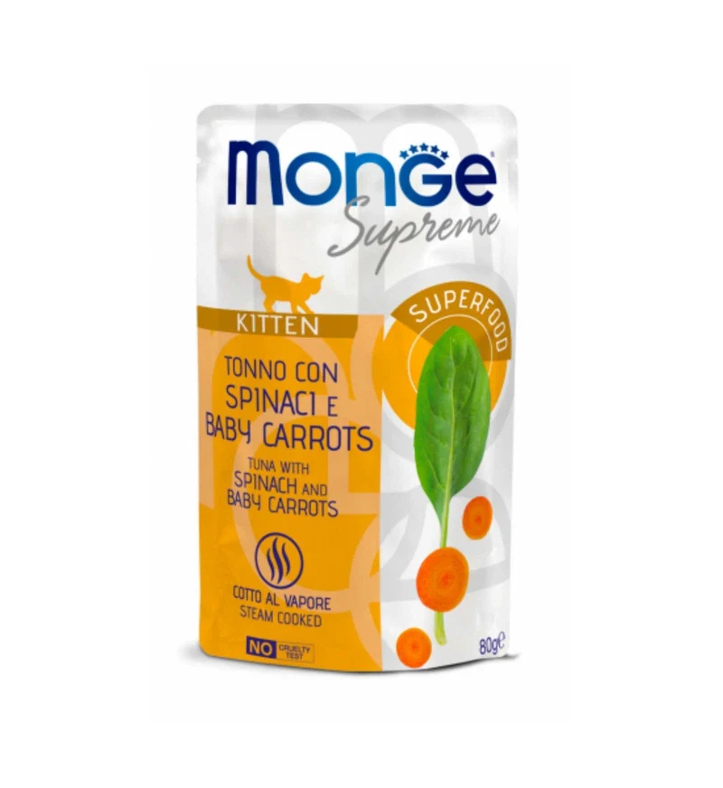 MONGE GATTO SUPREME KITTEN TONNO CON SPINACI E BABY CAROTE DA 80 GR IN BUSTA