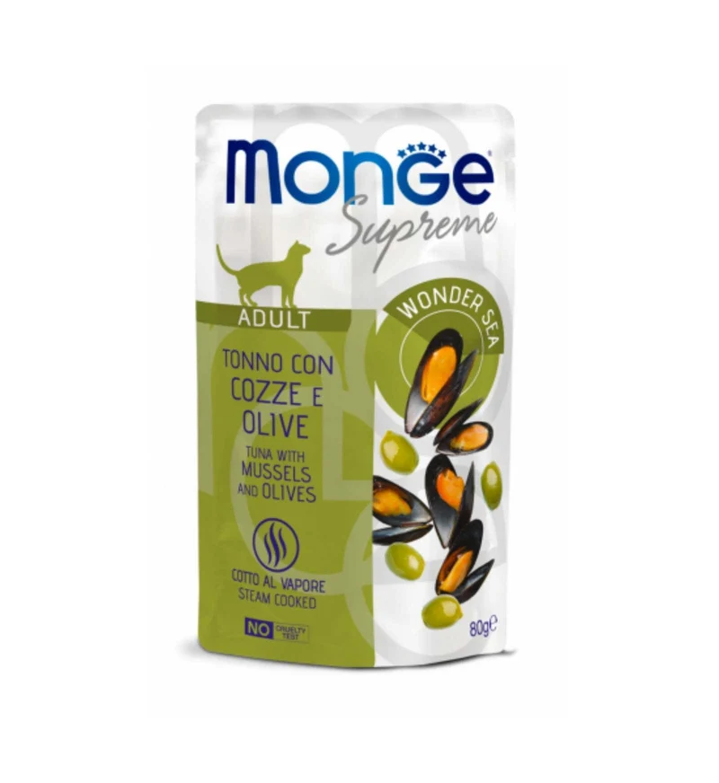 MONGE GATTO SUPREME ADULT TONNO CON COZZE E OLIVE DA 80 GR IN BUSTA