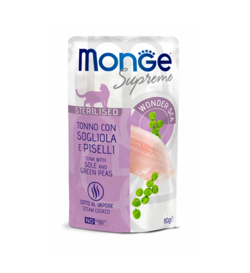 MONGE GATTO SUPREME STERILIZZATO TONNO CON SOGLIOLA E PISELLI DA 80 GR IN BUSTA