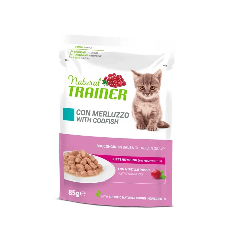 TRAINER GATTO NATURAL KITTEN MERLUZZO BOCCONCINI IN SALSA DA 85 GR IN BUSTA
