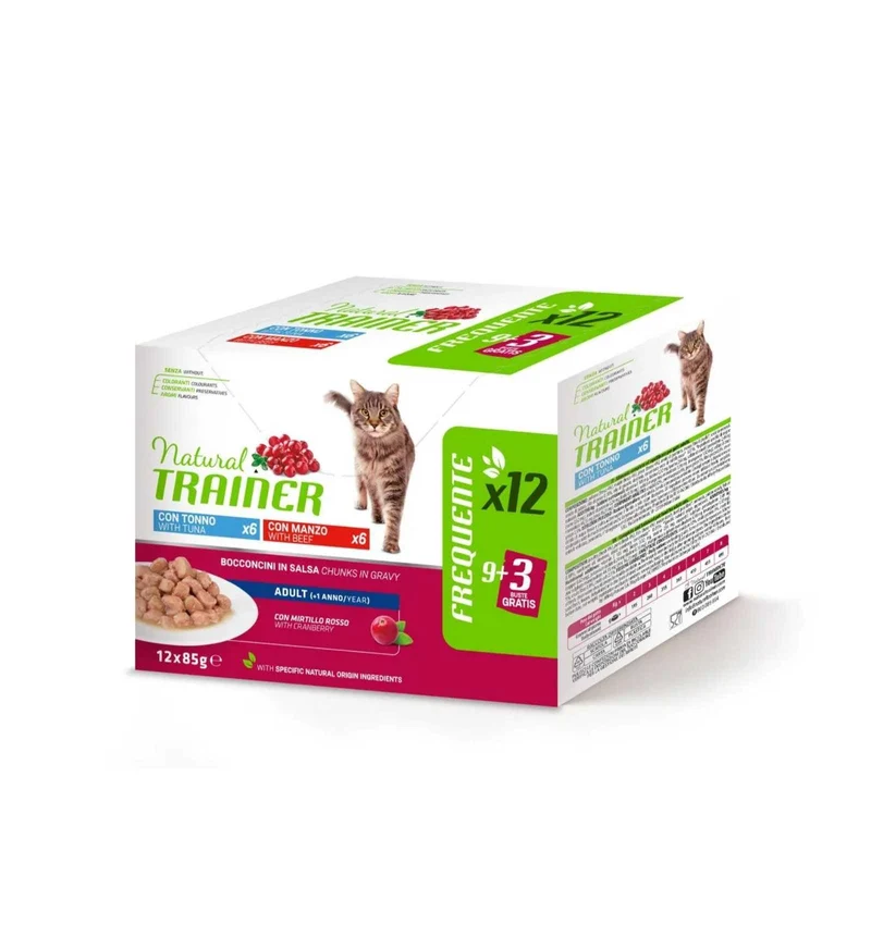 TRAINER GATTO NATURAL ADULT TONNO E MANZO 12 BUSTE DA 85 GR
