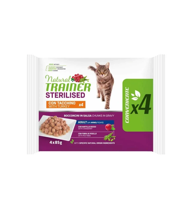 TRAINER GATTO NATURAL ADULT STERILIZZATO TACCHINO 4 BUSTE DA 85 GR