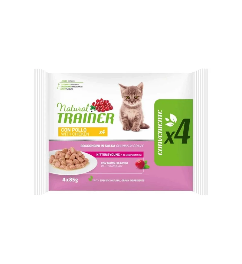 TRAINER GATTO NATURAL KITTEN & YOUNG POLLO FRESCO BOCCONCINI IN SALSA 4 BUSTE DA 85 GR