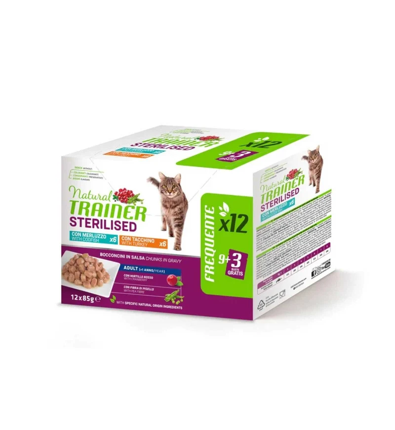 TRAINER GATTO NATURAL ADULT STERILIZZATO MERLUZZO E TACCHINO 12 BUSTE DA 85 GR
