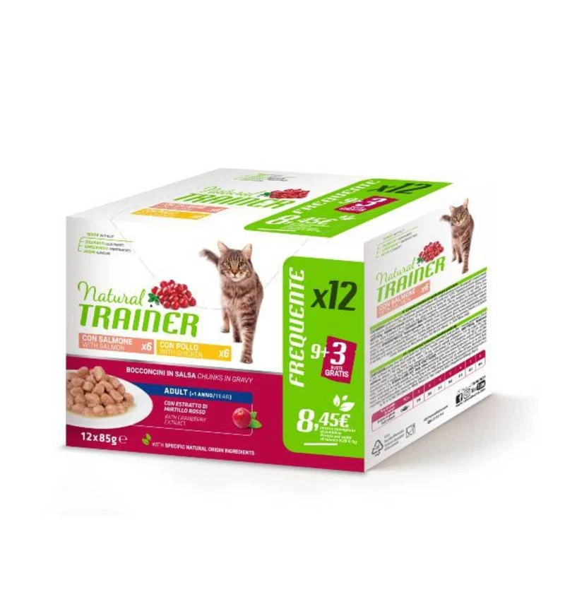 TRAINER GATTO NATURAL ADULT POLLO E SALMONE 12 BUSTE DA 85 GR
