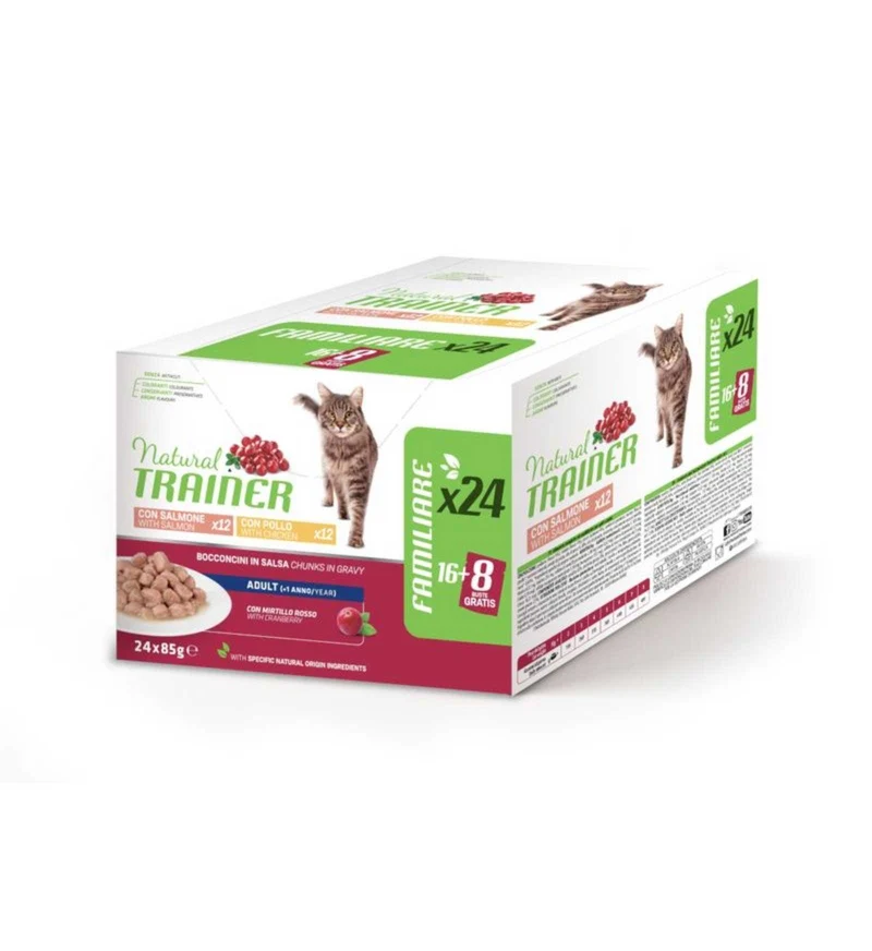 TRAINER GATTO NATURAL ADULT MULTIPACK SALMONE E POLLO IN BOCCONI IN SALSA 24 BUSTE DA 85 GR