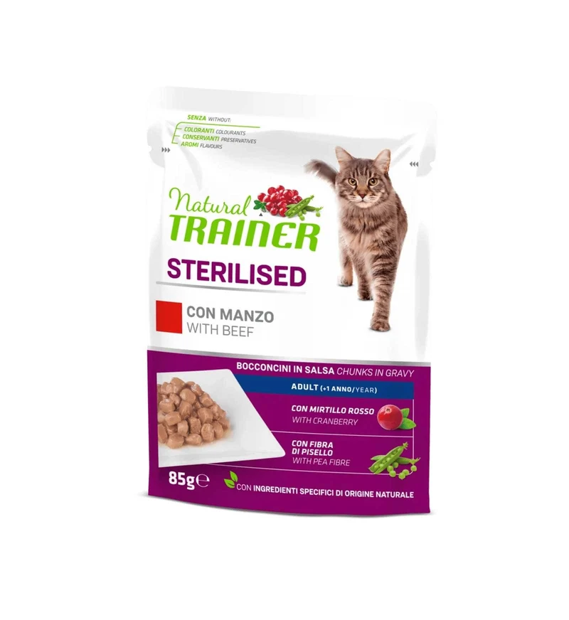 TRAINER GATTO NATURAL ADULT STERILIZZATO CON MANZO BOCCONCINI IN SALSA DA 85 GR IN BUSTA