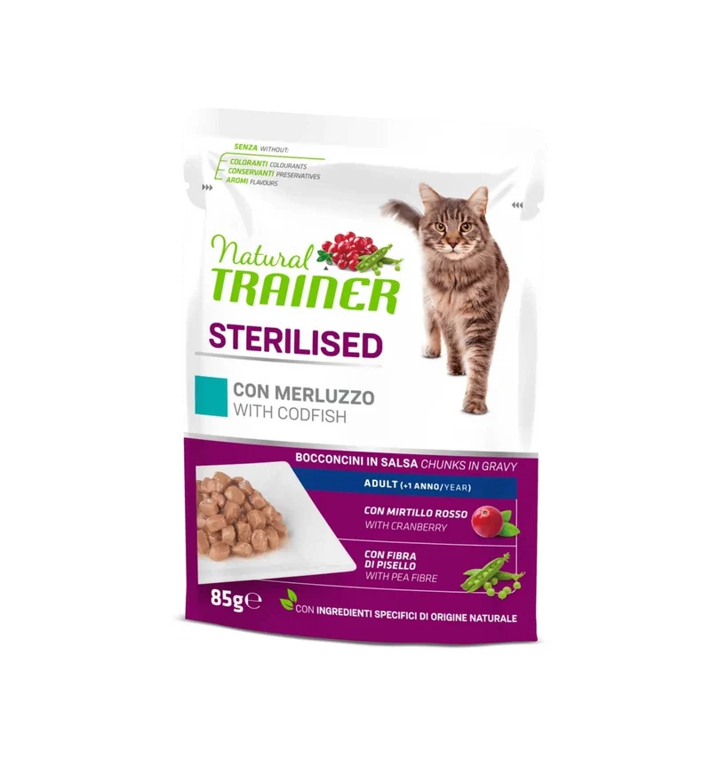 TRAINER GATTO NATURAL ADULT STERILIZZATO MERLUZZO BOCCONCINI IN SALSA DA 85 GR IN BUSTA