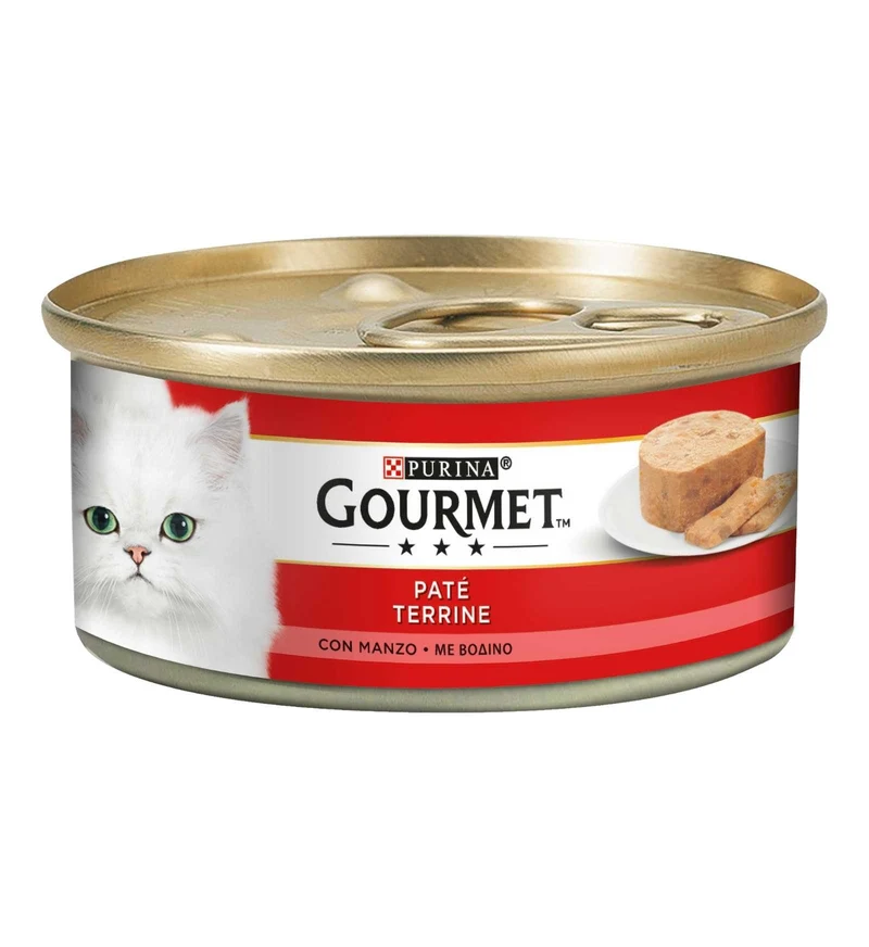 PURINA GOURMET GATTO PATE' CON PEZZETTI DI MANZO DA 195 GR IN LATTINA