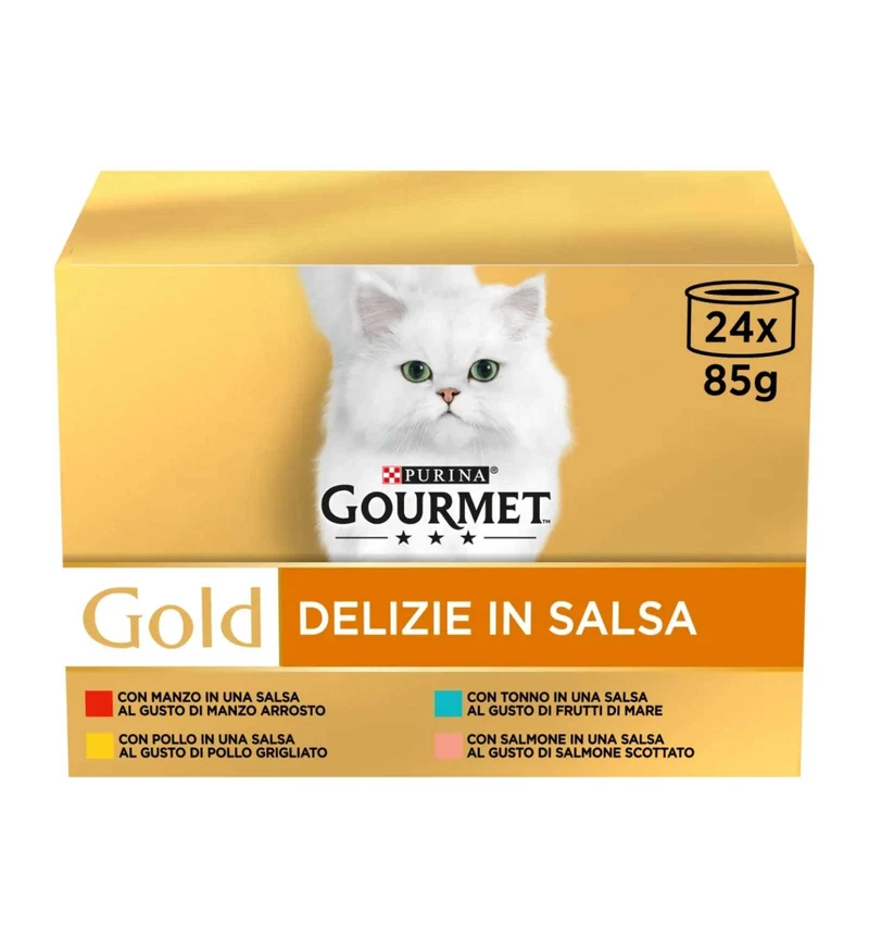 PURINA GOURMET GOLD GATTO DELIZIE IN SALSA MANZO POLLO TONNO SALMONE 24 LATTINE DA 85 GR