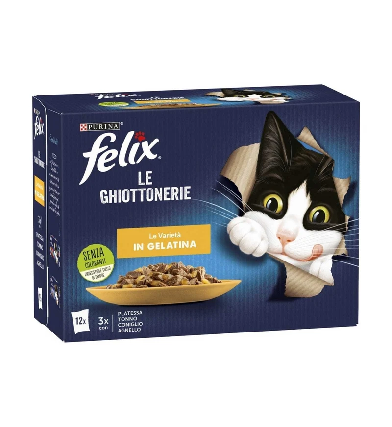 PURINA FELIX AGAIL GATTO GHIOTTONERIE VARIETA' IN GELATINA PLATESSA TONNO CONIGLIO AGNELLO 12 BUSTE DA 85 GR