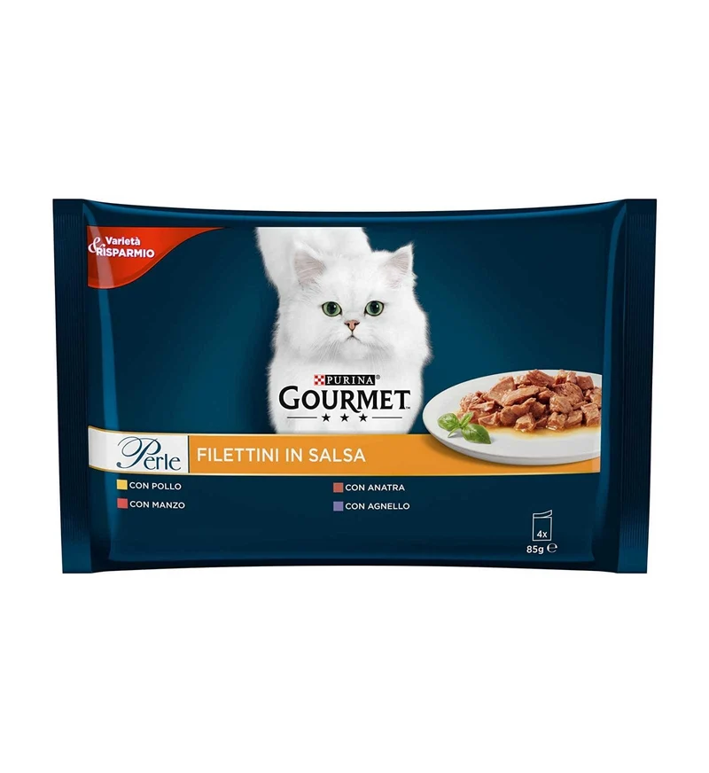 PURINA GOURMET PERLE GATTO CON MANZO POLLO ANATRA AGNELLO 4 BUSTE DA 85 GR