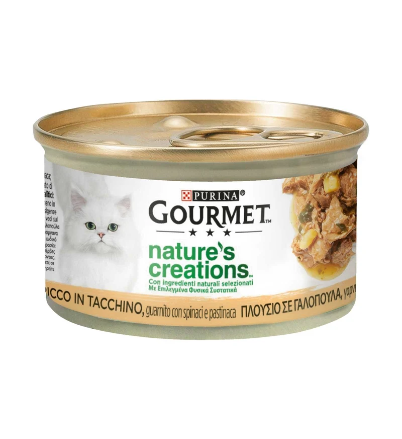 PURINA GOURMET NATURE'S CREATIONS GATTO TACCHINO CON SPINACI E PASTINACA DA 85 GR IN LATTINA