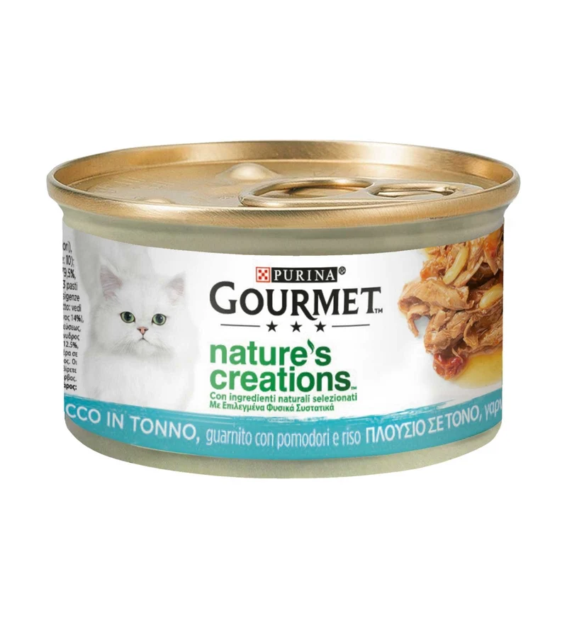 PURINA GOURMET NATURE'S CREATIONS GATTO TONNO CON POMODORO E RISO DA 85 GR IN LATTINA