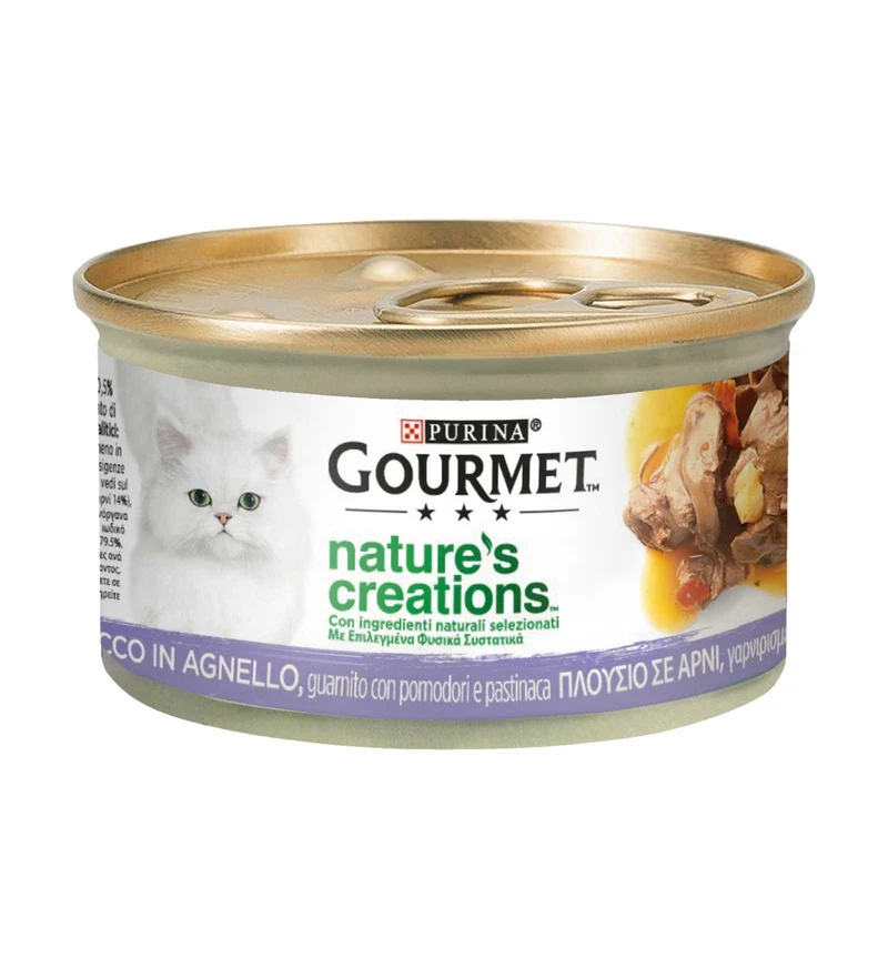 PURINA GOURMET NATURE'S CREATIONS GATTO AGNELLO CON POMODORI E PASTINACA DA 85 GR IN LATTINA