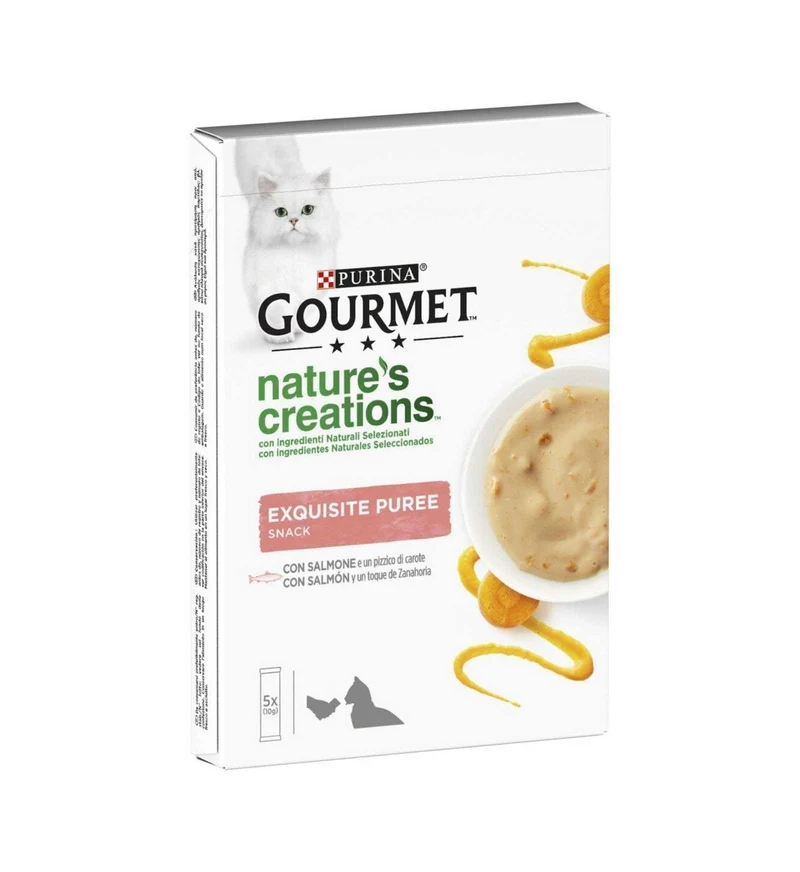 PURINA GOURMET NATURE'S CREATIONS GATTO EXQUISITE PUREE SNACK CON SALMONE E CAROTE 5 SNACK DA 10 GR