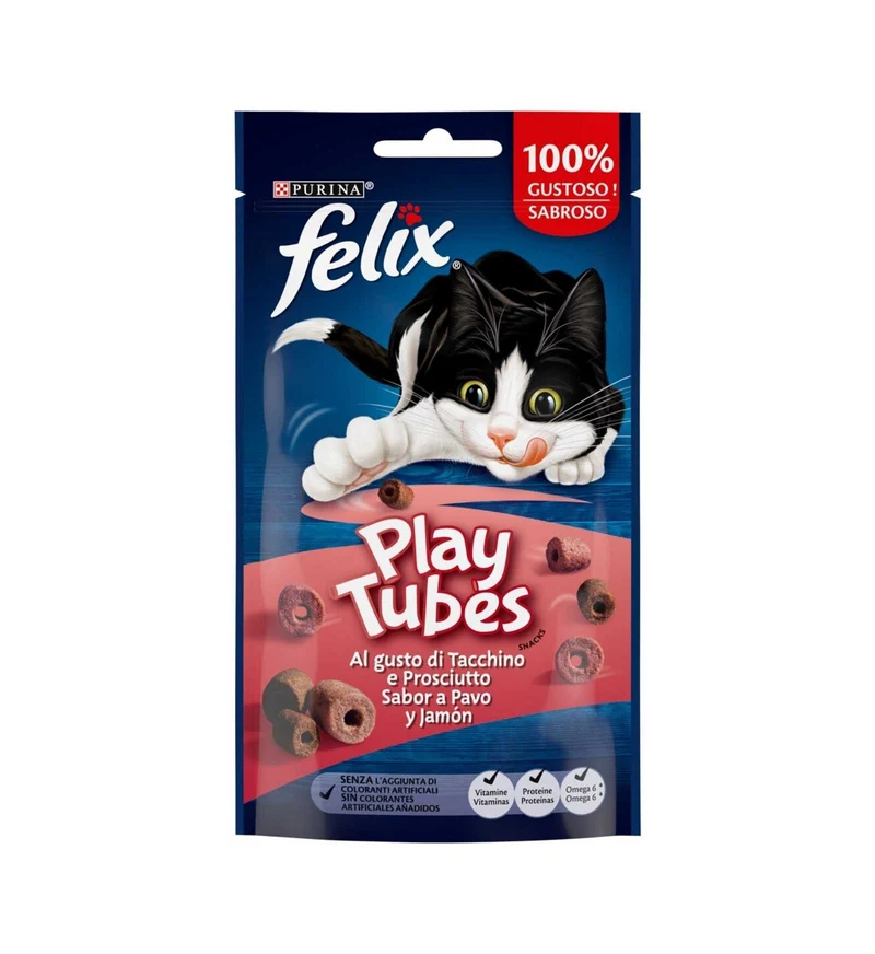 PURINA SNACK GATTO FELIX PLAY TUBES AL GUSTO DI TACCHINO E PROSCIUTTO