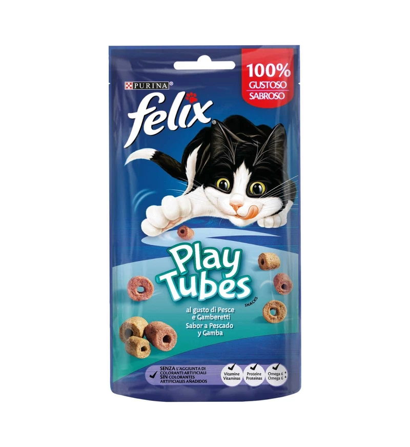 PURINA SNACK GATTO FELIX PLAY TUBES AL GUSTO DI PESCE E GAMBERETTI DA 50 GR
