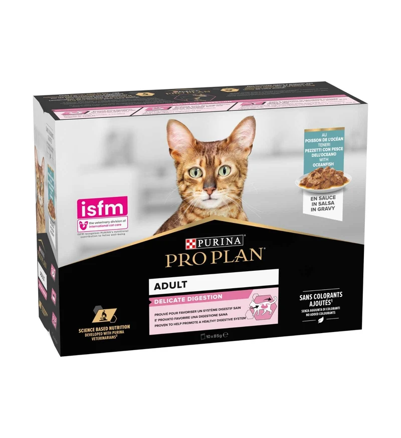 PURINA PRO PLAN GATTO ADULT DELICATE MULTIPACK CON PESCE DELL'OCEANO IN SALSA 10 BUSTE DA 85 GR