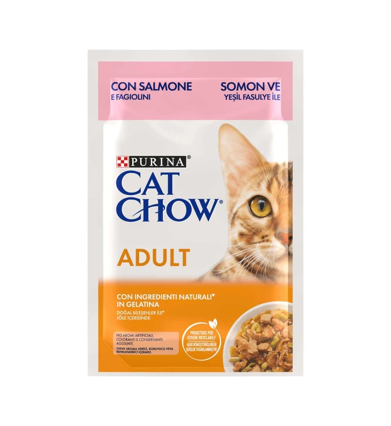 PURINA CHOW CAT GATTO ADULT 1 + AL SALMONE IN GELATINA CON FAGIOLINI DA 85 GR IN BUSTA