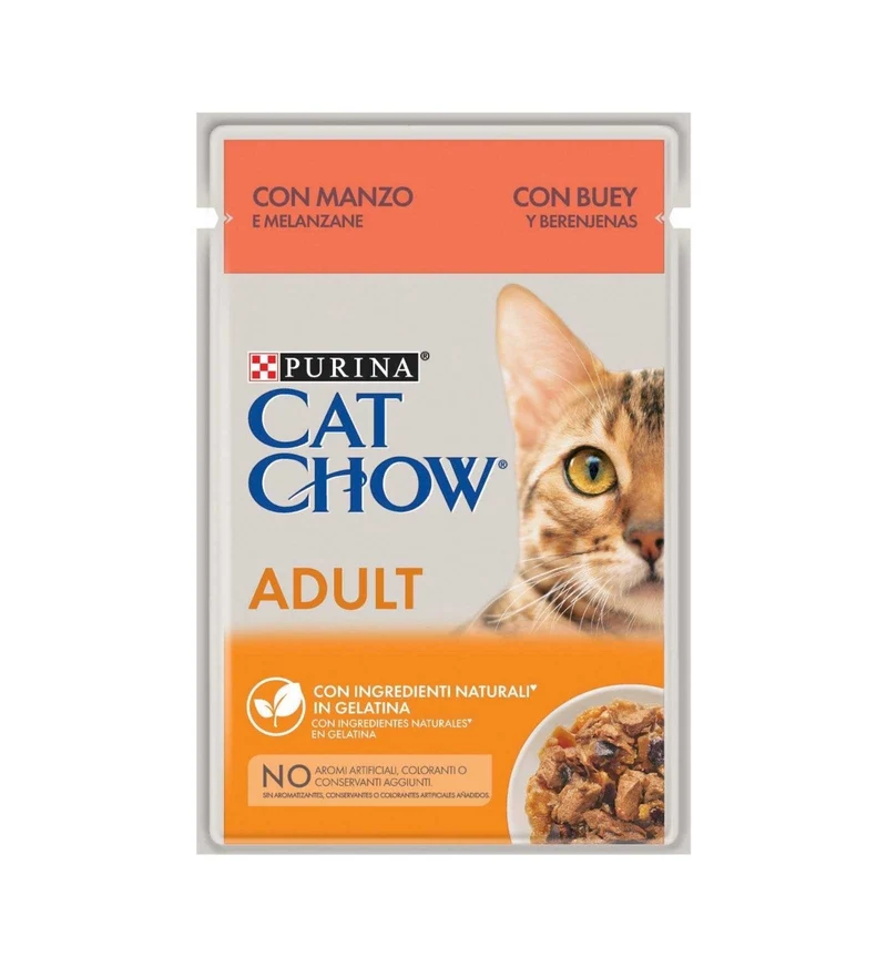 PURINA CHOW CAT GATTO ADULT 1 + AL MANZO IN GELATINA CON MELANZANE DA 85 GR IN BUSTA