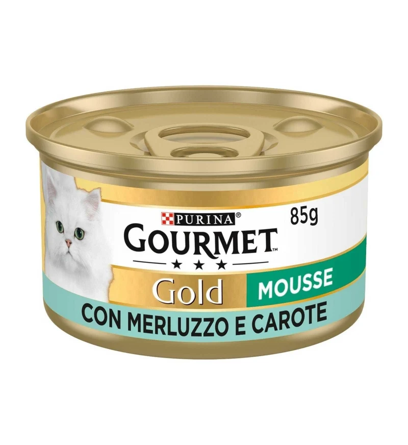 PURINA GOURMET GOLD GATTO MOUSSE AL MERLUZZO E CAROTE DA 85 GR IN LATTINA