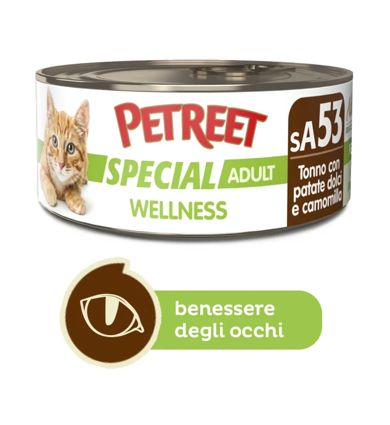 PETREET GATTO SPECIAL ADULT WELLNESS SA53 TONNO, PATATE DOLCI E CAMOMILLA DA 70 GR IN LATTINA