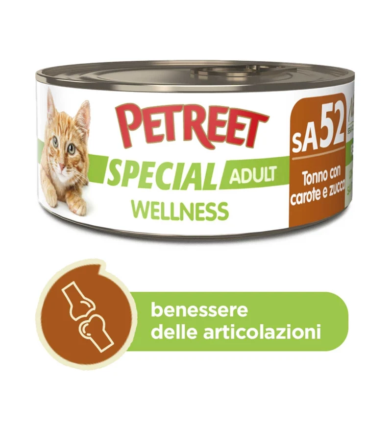 PETREET GATTO SPECIAL ADULT WELLNESS SA52 TONNO, CAROTE E ZUCCA DA 70 GR IN LATTINA