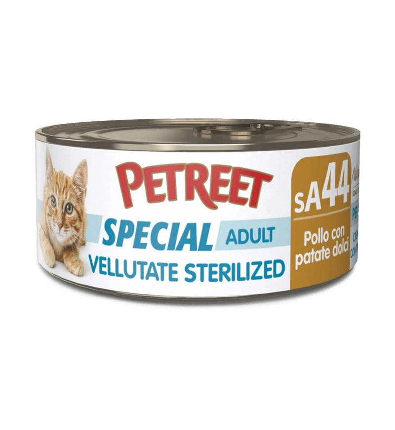 PETREET GATTO SPECIAL ADULT SA44 VELLUTATE STERILIZED POLLO CON PATATE DOLCI DA 70 GR IN LATTINA