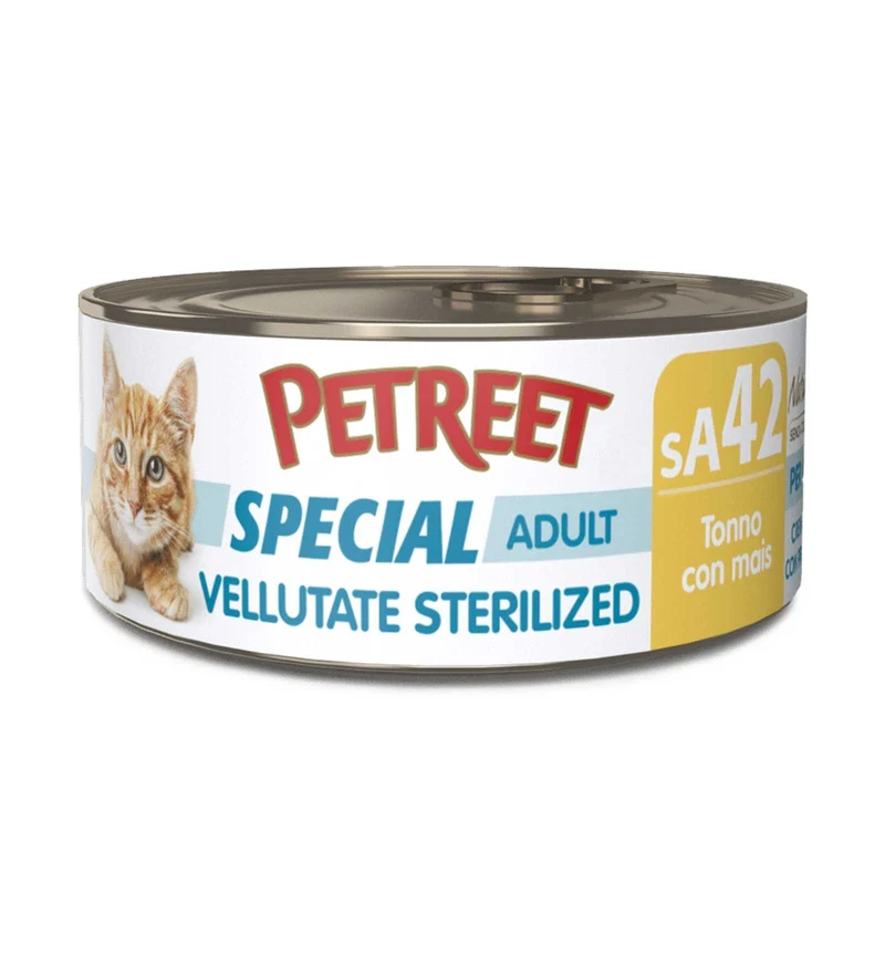 PETREET GATTO SPECIAL ADULT SA42 VELLUTATE STERILIZED TONNO CON MAIS DA 70 GR IN LATTINA