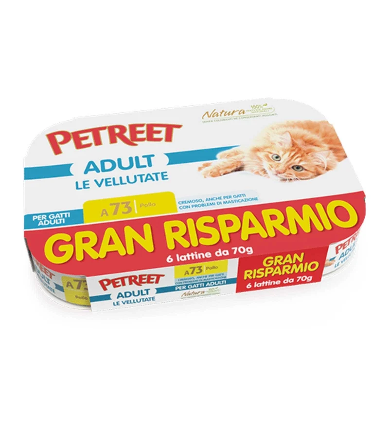PETREET GATTO A73 MULTIBOX VELLUTATE POLLO DA 70 GR PER 6 IN LATTINA