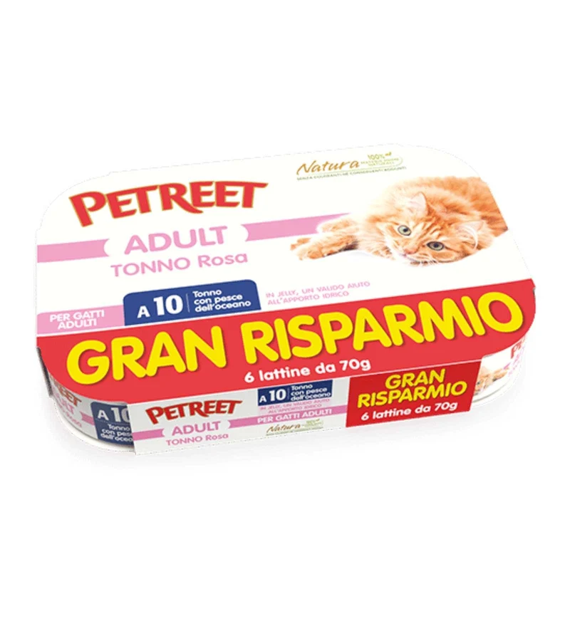 PETREET GATTO A10 MULTIBOX TONNO ROSA E PESCE OCEANO DA 70 GR PER 6 IN LATTINA